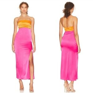 Alice + Olivia Lilita Drape Bust Slit Midi Dress Pink Orange Sz 10Party Wedding
